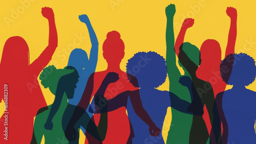 Empowered Women Raising Fists Silhouette Graphic. Diverse Group United in Protest, Feminism, and Social Justice.