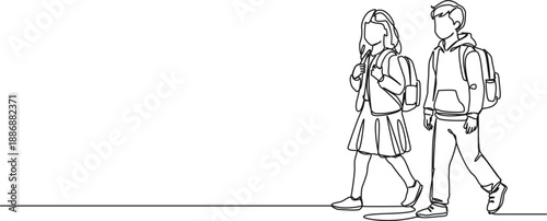 continuous line drawing of boy and girl with schoolbags on their way to school, line art vector illustration