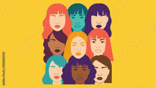 Diverse Women's Group Portrait Illustration. Female empowerment, solidarity, inclusion, and community concept in modern flat design.