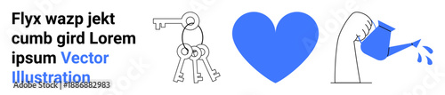 Security, love, growth, nurturing, protection, emotional connection. Three monochrome keys, a blue heart and a hand with a watering can. Security and love illustrated