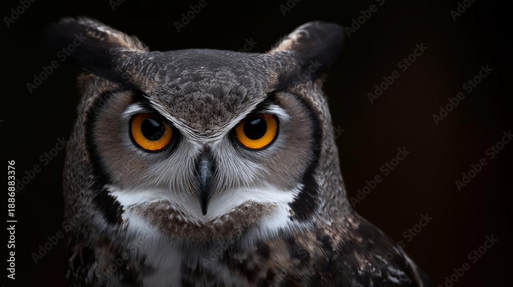 Obraz premium Intense close-up portrait of a great horned owl with piercing orange eyes against a dark background