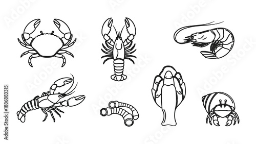 Seafood Illustration: A detailed black and white illustration of various seafood delicacies, perfect for culinary projects or seafood-related content.