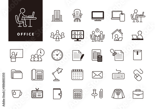 社内業務やワークスペースの行動・管理を表すオフィスUIアイコンセット（アウトライン）