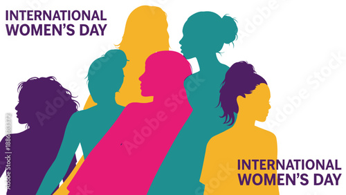 International Women's Day (March 8) Vector Illustration. Diverse Female Silhouettes in Colorful Pop Art Style. Women Empowerment and Solidarity Group.