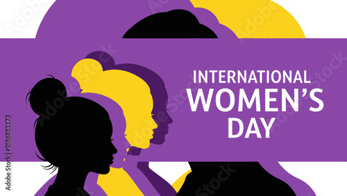 International Women's Day Banner: Female Silhouettes, Empowerment, and Solidarity Vector Graphic in Purple and Yellow
