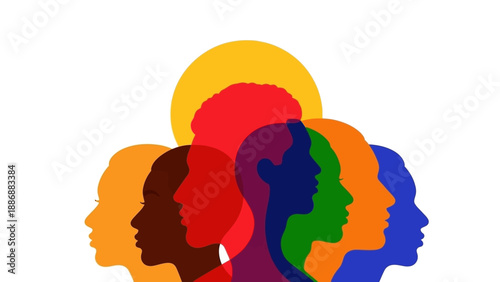 Diverse Colorful Human Silhouettes Overlapping: Multiracial Unity, Equality, Community, and Global Inclusion Illustration