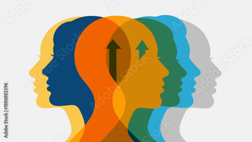 Personal Growth and Mind Development Vector Illustration. Overlapping Human Head Silhouettes with Upward Arrows Showing Progress, Potential, and Transformation.