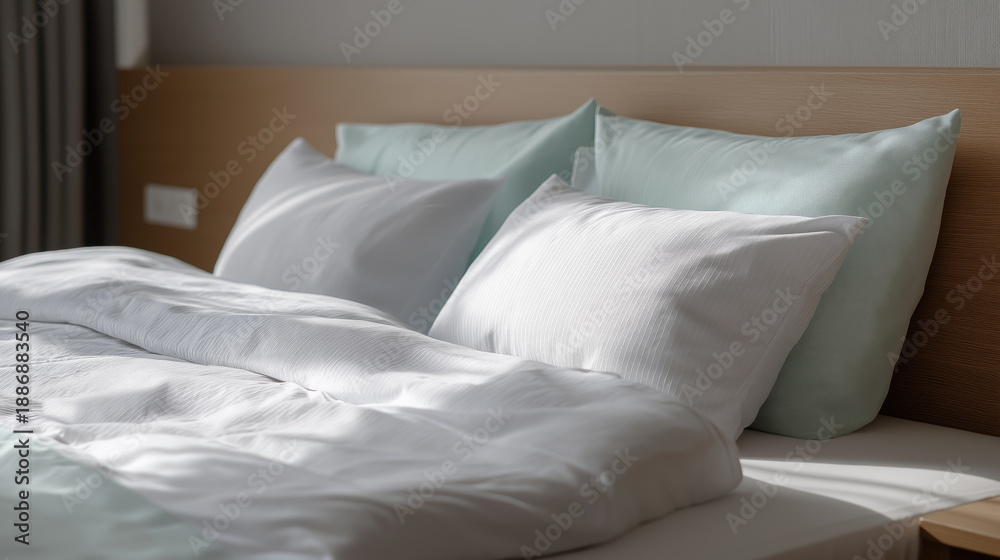 Obraz premium Comfortable hotel bed with crisp white linens and soft pillows bathed in natural sunlight