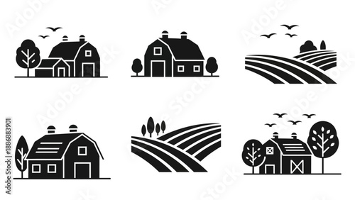 A set of six black silhouette icons depicting rural landscapes and farm buildings with trees and birds, against a clean white background.