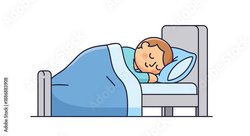 A young person sleeping peacefully in bed with a serene expression and comfortable bedding in a calm environment from a side viewpoint illustration.