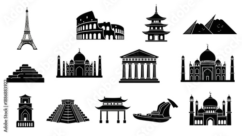 Black silhouette icons of famous travel destinations and buildings from around the world, including the 7 wonders, arranged on a white background in a vector illustration.