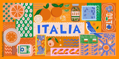 A colorful collage featuring citrus fruits italian stamps and playful design elements