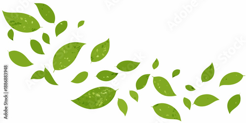 A scattering of vibrant green leaves drifting across a white background