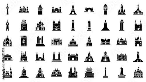 Black silhouette icons of famous travel destinations and buildings from around the world, including 7 wonders, on a white background.