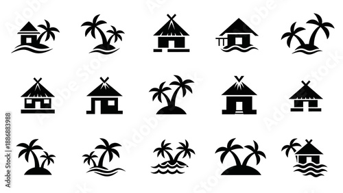 A collection of black silhouette icons featuring tropical huts and palm trees, representing travel destinations and 7 wonders of the world, on a white background.