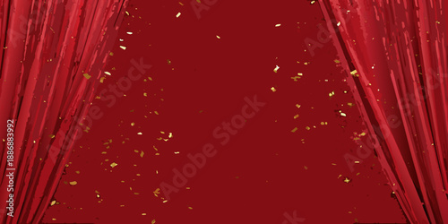 Red theater curtains with golden confetti falling creating a dramatic stage ambiance