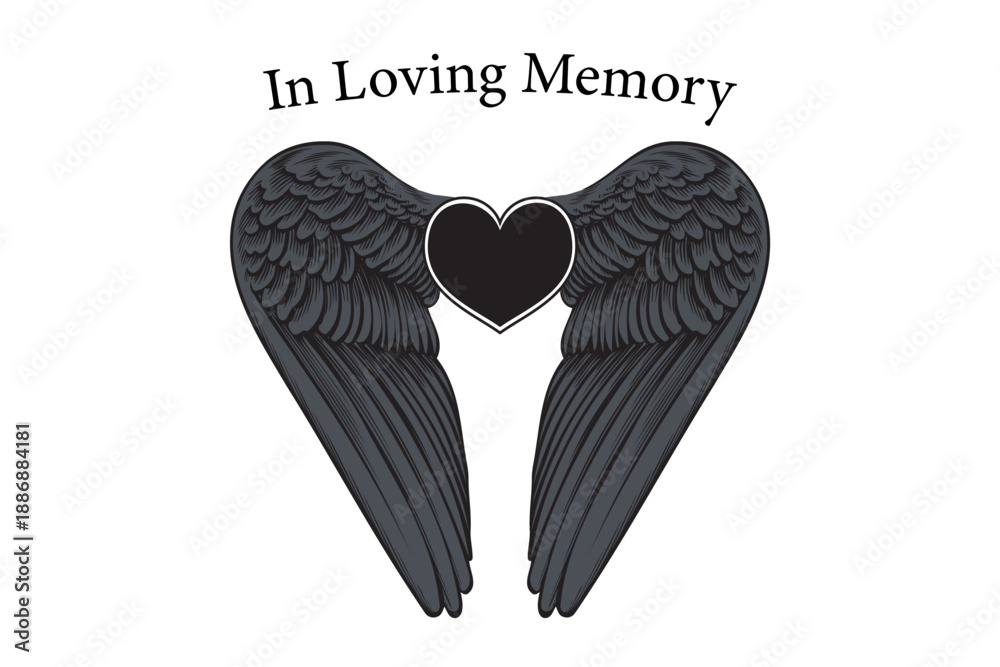 Naklejka premium In Loving Memory card template. Angel wings with heart, In memory of beloved friend or family member. Rest in peace, RIP, Funeral hand drawn card design.