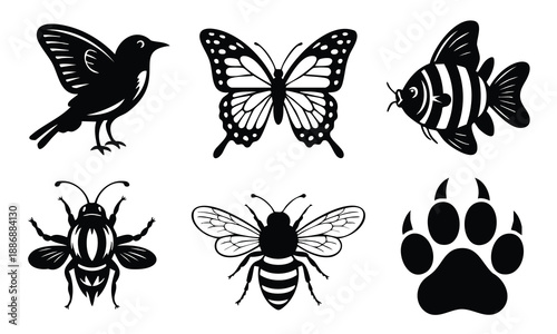 Set silhouette wild animals butterfly bee bird fish paw print