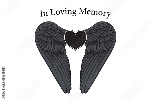 In Loving Memory card template. Angel wings with heart, In memory of beloved friend or family member. Rest in peace, RIP, Funeral hand drawn card design.
