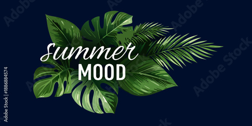 Tropical leaves and summer mood typography on a dark blue background
