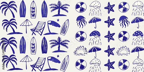 A collection of blue and white summer themed doodles and illustrations