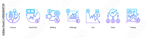 Stock Operations web banner icon vector illustration featuring Investor, Stock Price, Bidding, Arbitrage, Loss, Stock, and Trading.