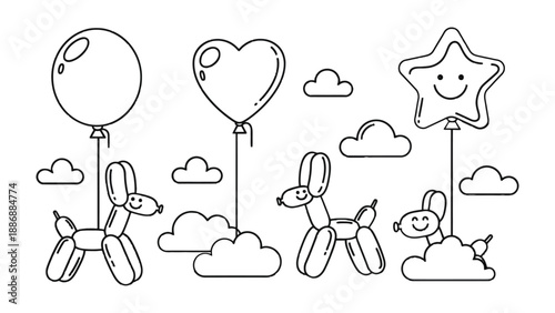 Whimsical Balloon Puppies: playful balloon animals ascend into the sky, tethered to whimsical balloon shapes. A delightful scene, exuding joy and celebration