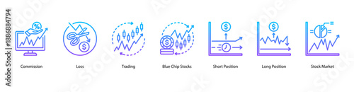 Equity Positions web banner icon vector illustration featuring Commission, Loss, Trading, Blue Chip Stocks, Short Position, Long Position, and Stock Market.