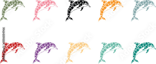 Colorful dolphin silhouettes composed of circles, Dolphin mosaic animals in playful dot art