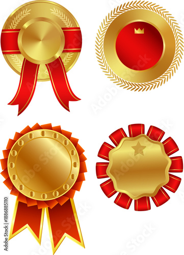 金色の円形メダルと赤いリボンの表彰イラストセット｜光沢感のあるクラシックデザインの受賞・達成・ランキング表示向けアワード素材