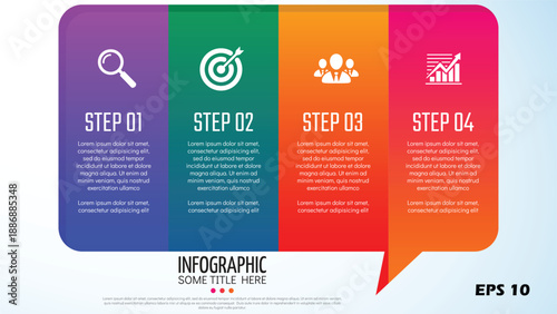 4-Step Business Infographic Template. Vector Speech Bubble Design with Colorful Vertical Columns and Strategic Success Icons