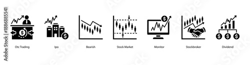 Market Monitoring web banner icon vector illustration featuring OTC Trading, IPO, Bearish, Stock Market, Monitor, Stockbroker, and Dividend.