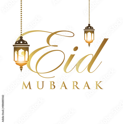 Eid Mubarak calligraphy greetings. Eid al-Fitr or Al-Adha greetings with colorful border. Translation: "Celebration day of Muslims after fasting month."