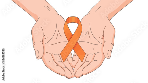 Hands holding orange ribbon symbolizing awareness and support
