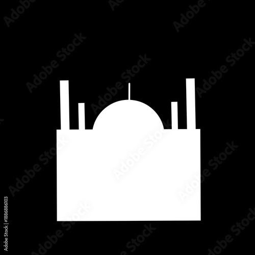 Black and white background with minimal mosque silhouette.