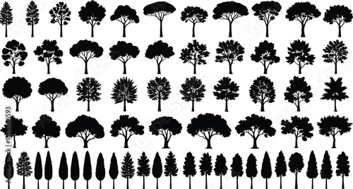 Tree silhouette grid, diverse botanical shapes, forest icons, deciduous and coniferous trees, black vector illustration, nature design elements, isolated