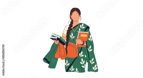 South Asian woman wearing a traditional green and orange floral sari holding several books against a white background.