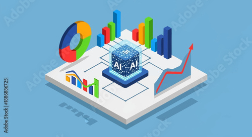 Isometric illustration of artificial intelligence analytics on a digital tablet with various graphs and charts.