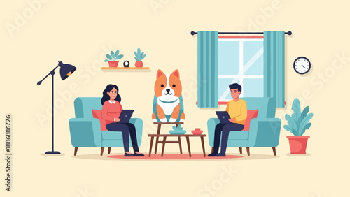 Two people sit on sofas in a room with a dog and laptops, working