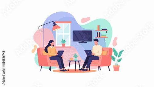 Two people sit on sofas in a room working on laptops