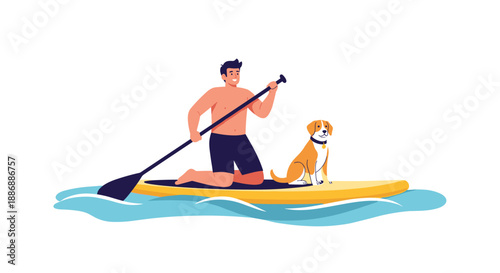 Man kneeling on a paddleboard rowing through the water with his faithful dog sitting beside him on a sunny day.