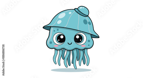 Adorable blue jellyfish character with large eyes wearing a cute matching hat floating on a plain white background.