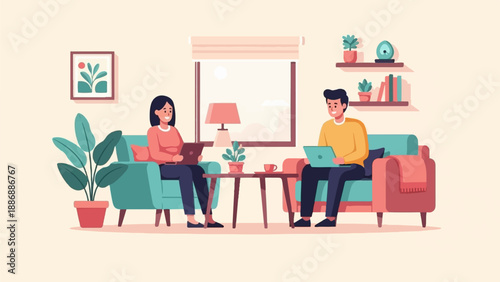 Two people sit on sofas using laptops in a living room