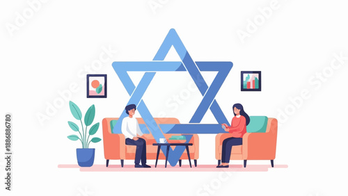 Two people sit on sofas near a large Star of David symbol