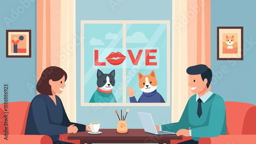 Two people sit in armchairs, a laptop and coffee on a table, two dogs look through window