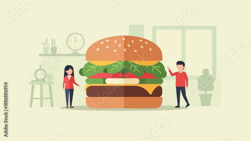 Two people stand near a massive burger in a minimalist room