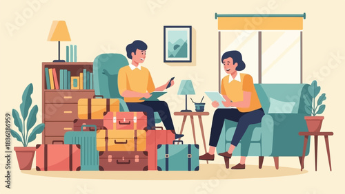 Two people sit in a living room surrounded by luggage
