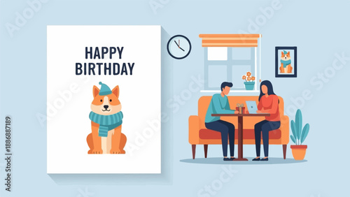 Two people sit at a table with gifts and laptops, next to a birthday card with a dog