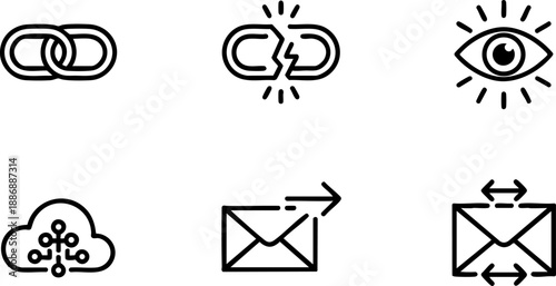 Communication Connectivity Line Icons Set Link Break Link Eye Cloud Mail Vector EPS Outline Symbols