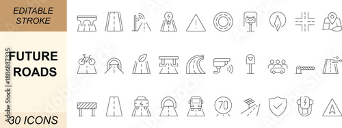 Future roads line icons of smart lanes, tunnels, traffic, sensors, drones, solar roads, and safety. For apps, web, transport, and smart city projects. Editable stroke.